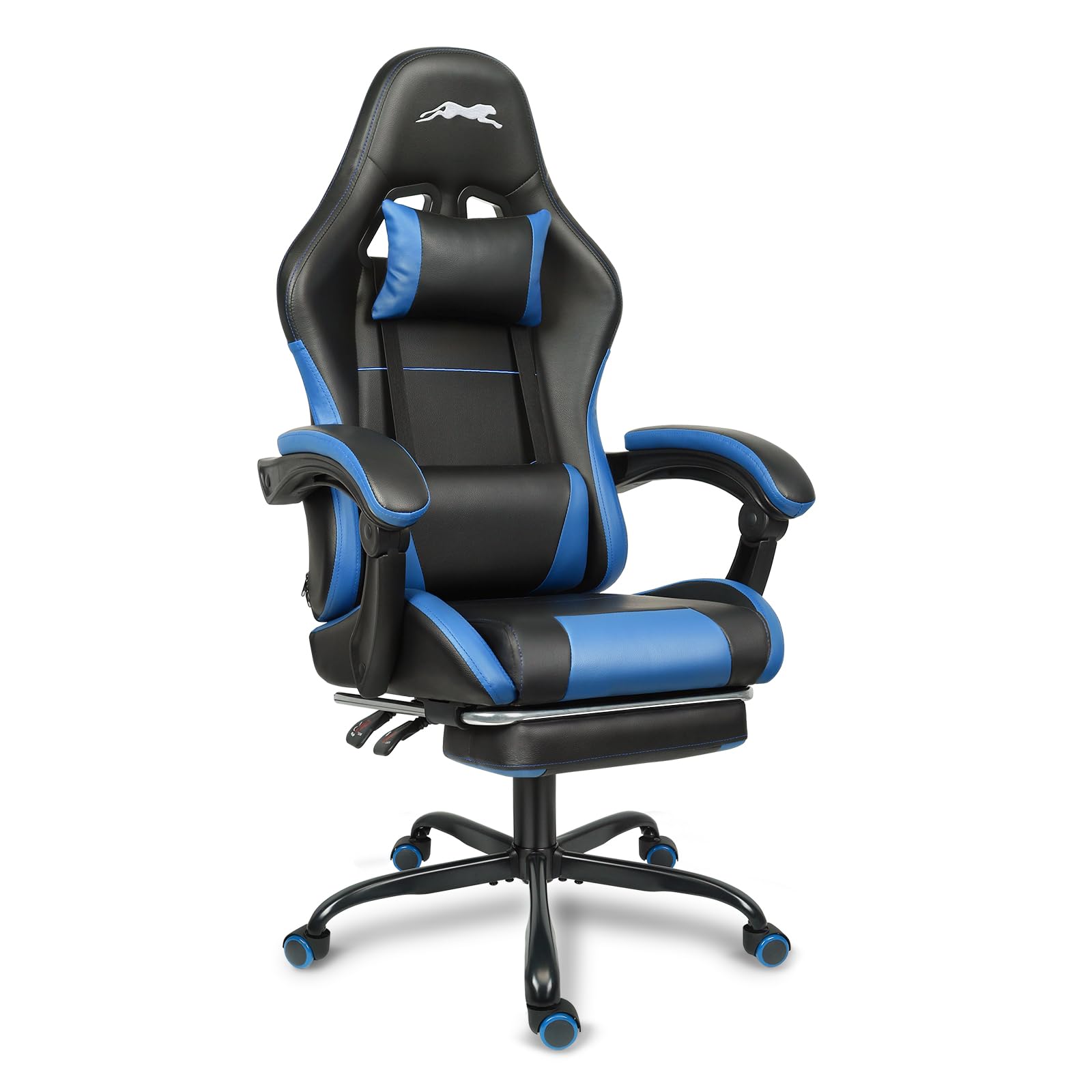 Premium Leopard Print Gaming Chair with Adjustable Footrest & Lumbar Support - Ergonomic Computer Game Chair for PC, Console Gaming, Office & Home - Height Adjustable Racing Style Chair (Black/Blue) - Perfect for Esports, Streaming & Long Work Sessions