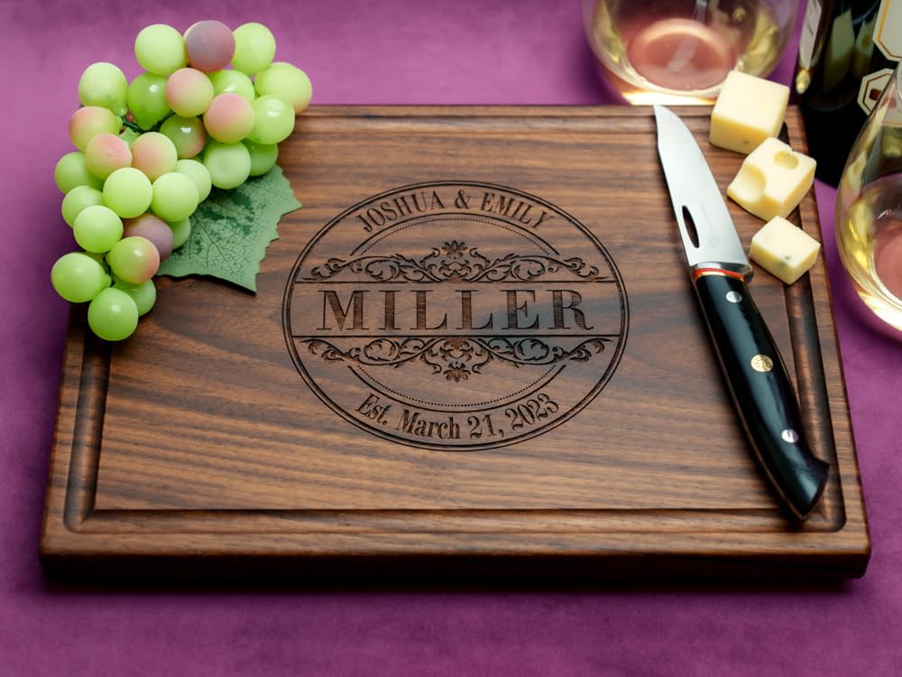 Personalized Wood Engraved Cutting Board - Custom Wedding, Anniversary & Housewarming Gift for Couples - Handmade Charcuterie Board with Round Stamp Design - Perfect for Entertaining, Cheese Platters & Kitchen Decor (Style No.010)