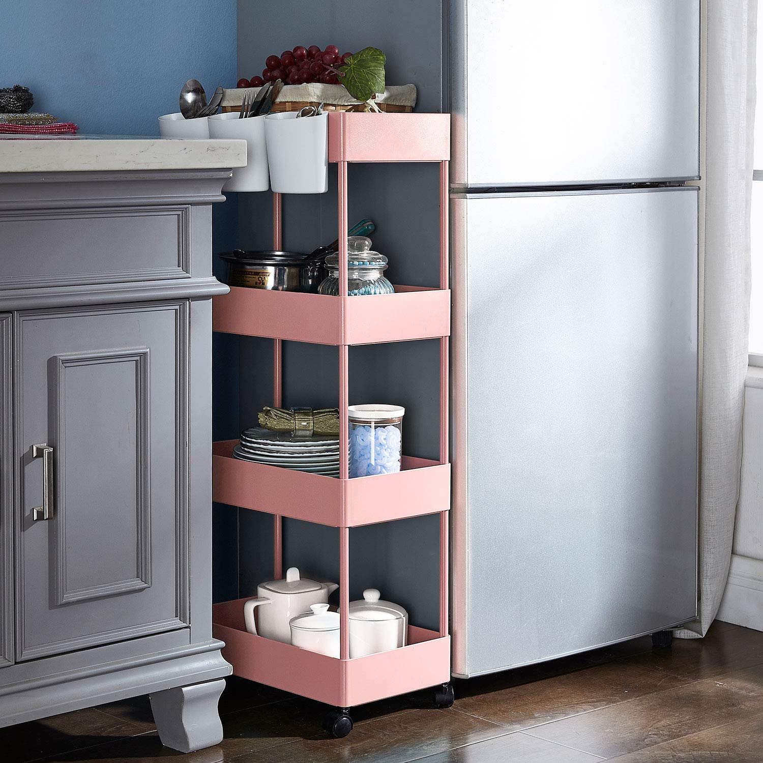 4-Tier Slim Rolling Storage Cart with Wheels - Pink Utility Cart for Kitchen, Bathroom, Bedroom & Craft Room Organization | Mobile Storage Solution for Small Spaces