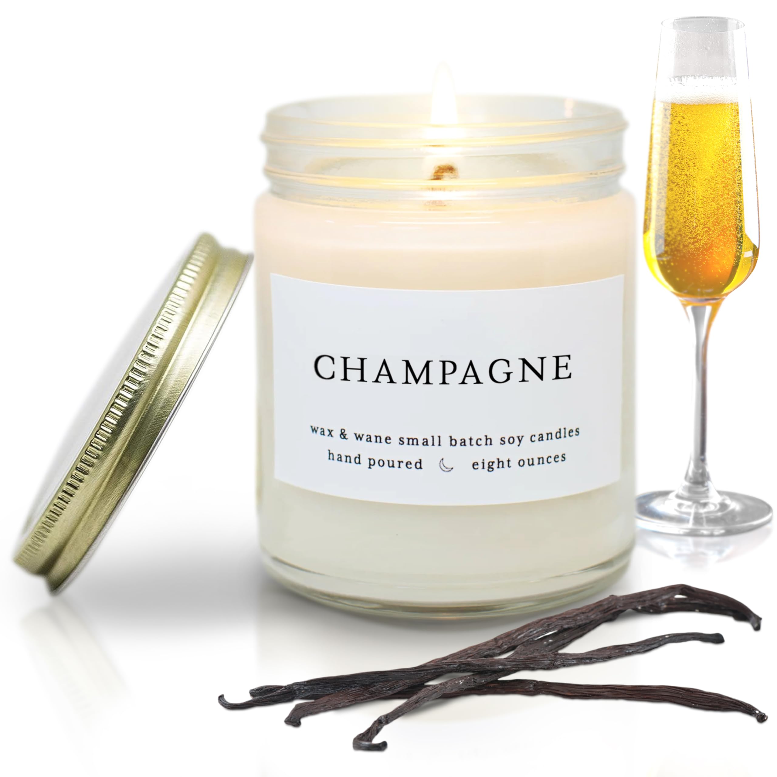 Wax & Wane Champagne 8oz Handmade Soy Candle - 40+ Hour Burn Time, Natural Aromatherapy for Home, Bedroom & Bathroom - Made in USA | Perfect for Relaxation, Romantic Dinners & Spa Nights