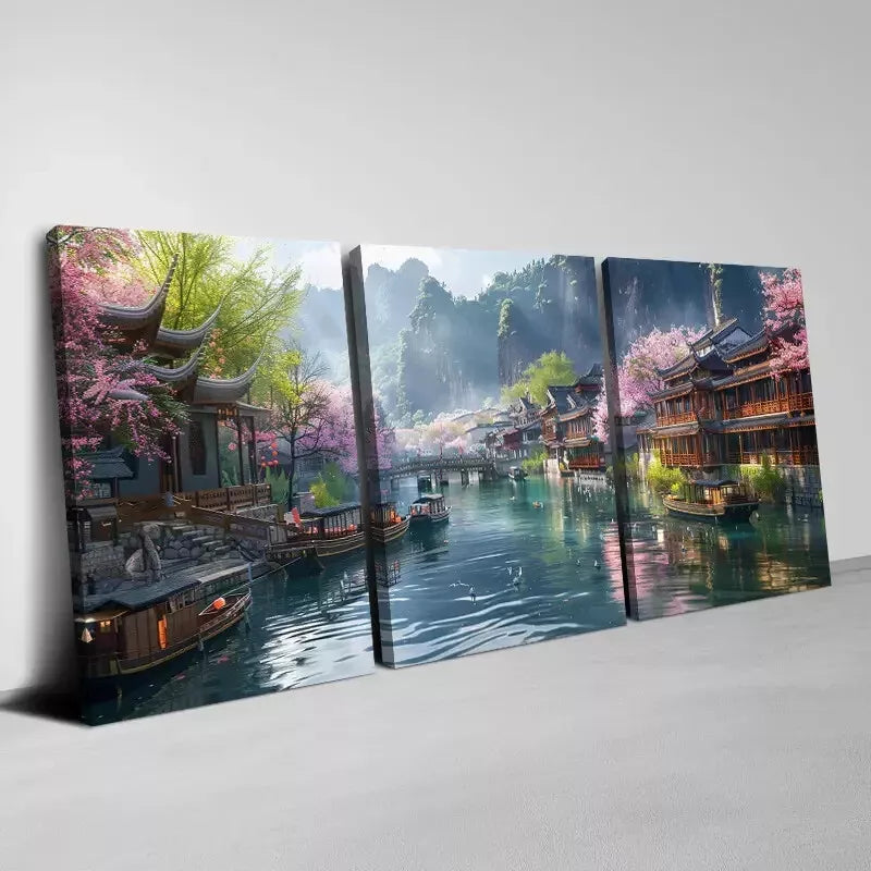 3-Piece Serene Japanese Town with Blooming Florals Canvas Art Set - 50x70cm Framed Wall Decor | High Quality Print | 100% Australian Made | Ready to Hang | Perfect for Living Room, Bedroom & Office Decor