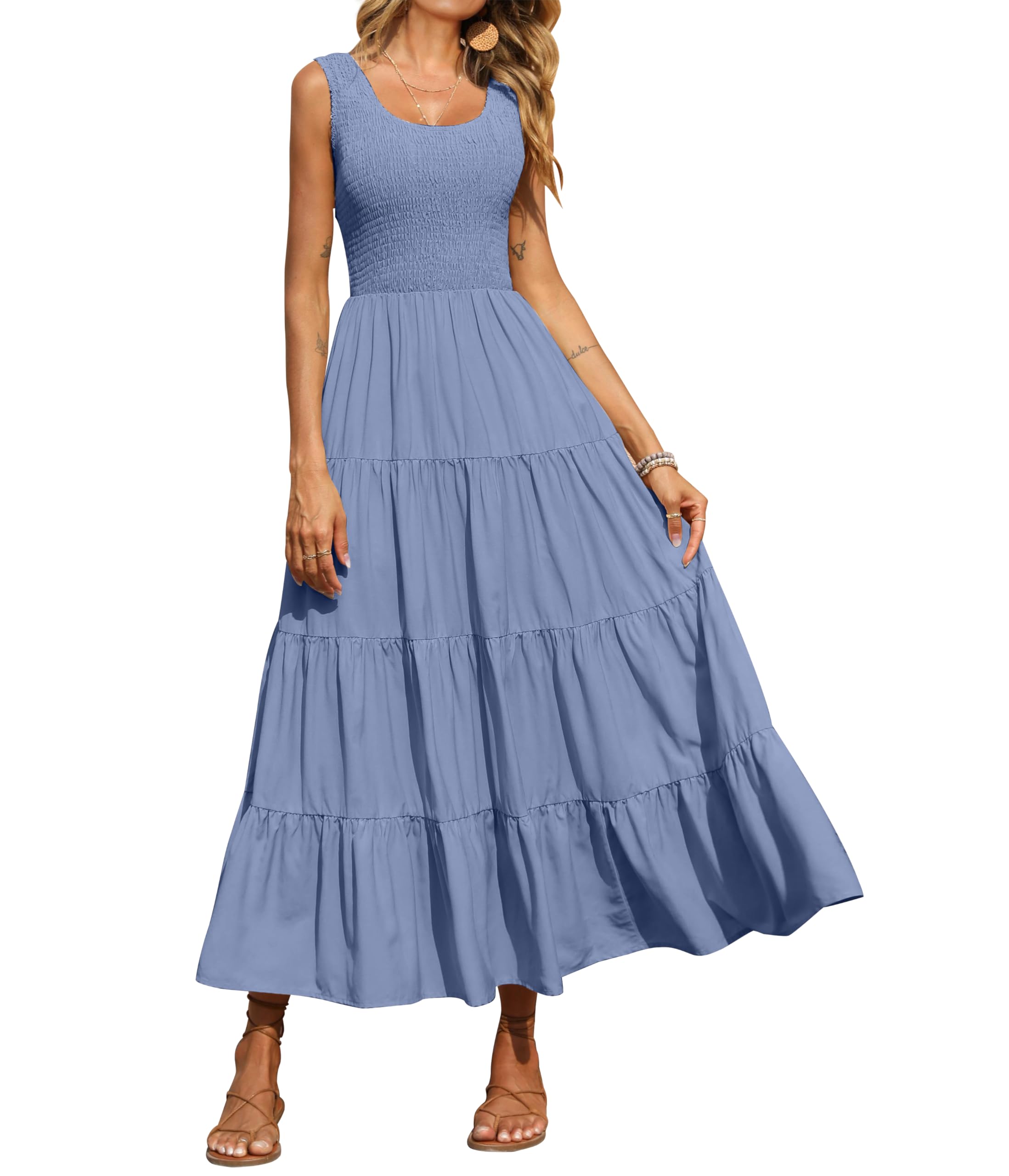 PRETTYGARDEN Women's Casual Loose Plain Maxi Sundress - Smocked Tank Summer Beach Dress with Tiered Design for 2025 | Sleeveless Long Dresses for Vacation, Pool Party, and Outdoor Activities