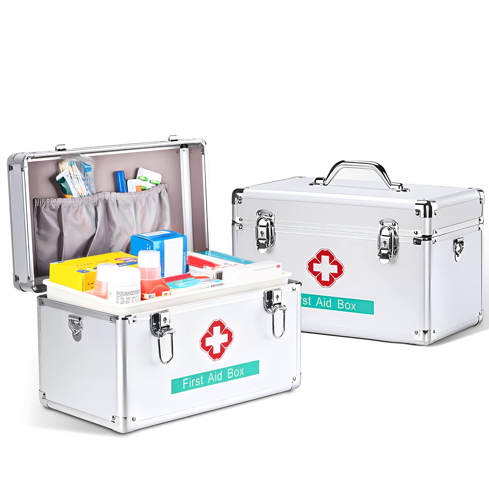 2 Layer Portable Aluminum Alloy Medicine Storage Box with Lock - Childproof First Aid Kit Organizer, Household Medication Case with Handle for Travel, Home & Emergency Use