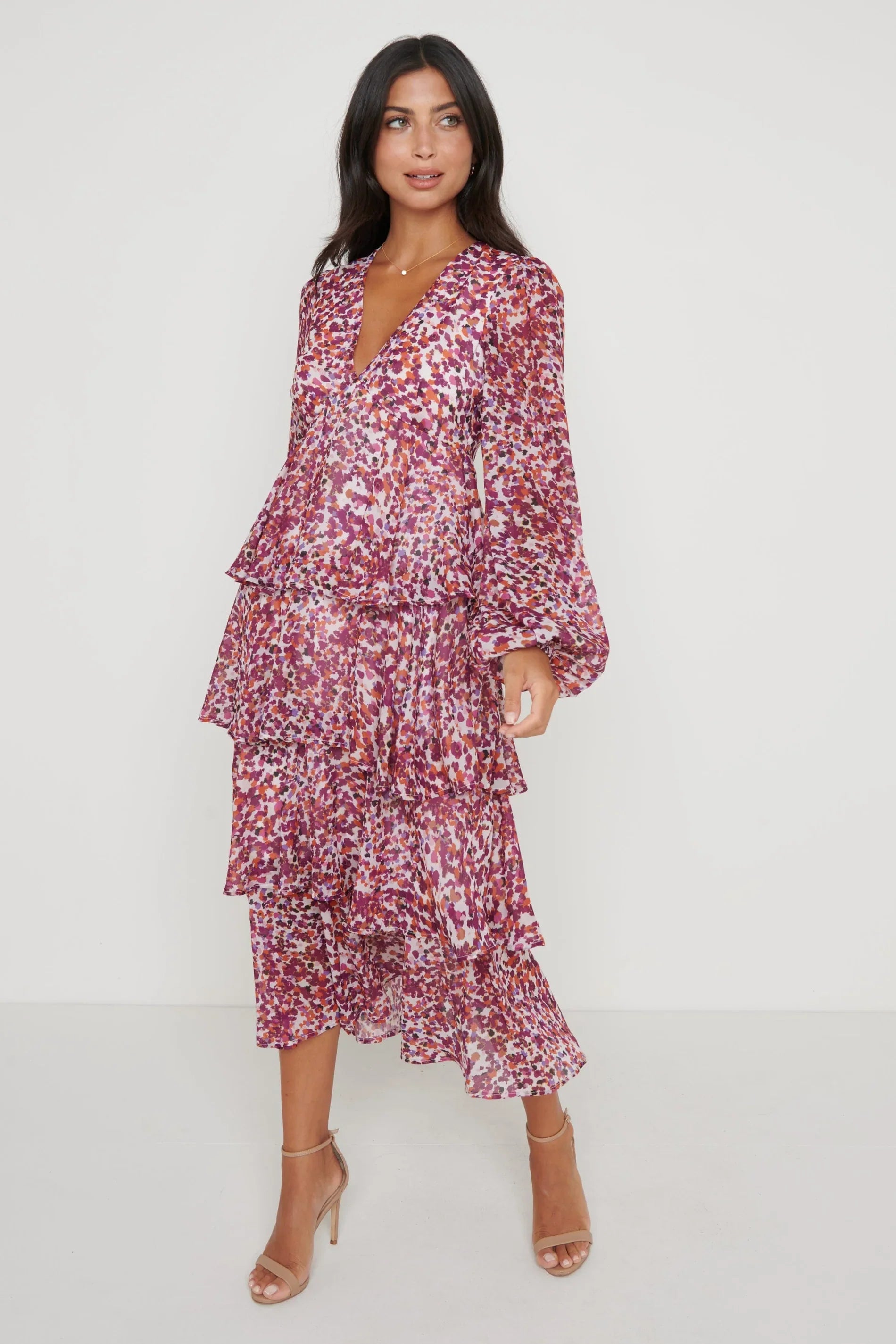 Ashton Ruffle Midi Dress - Coral Abstract Print Flowy Summer Dress for Women, Plus Size & Curve Friendly, Perfect for Beach Vacations, Parties & Casual Outings