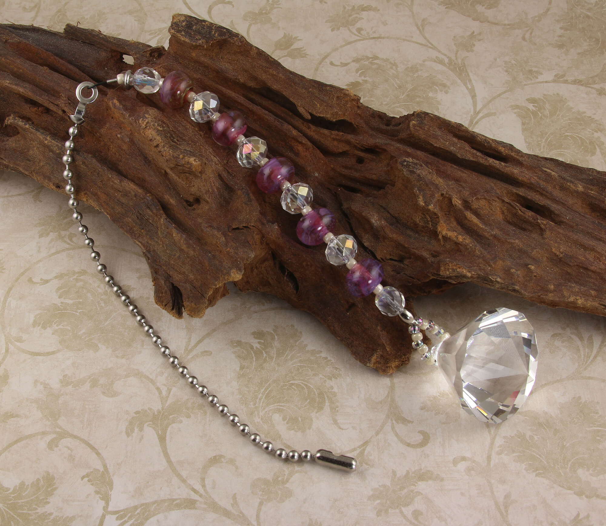 Handmade Violet Glass Lampwork Fan Pull with Swarovski Crystal Beads - Elegant Ceiling Fan Light Switch Decor for Bedroom, Living Room, Nursery