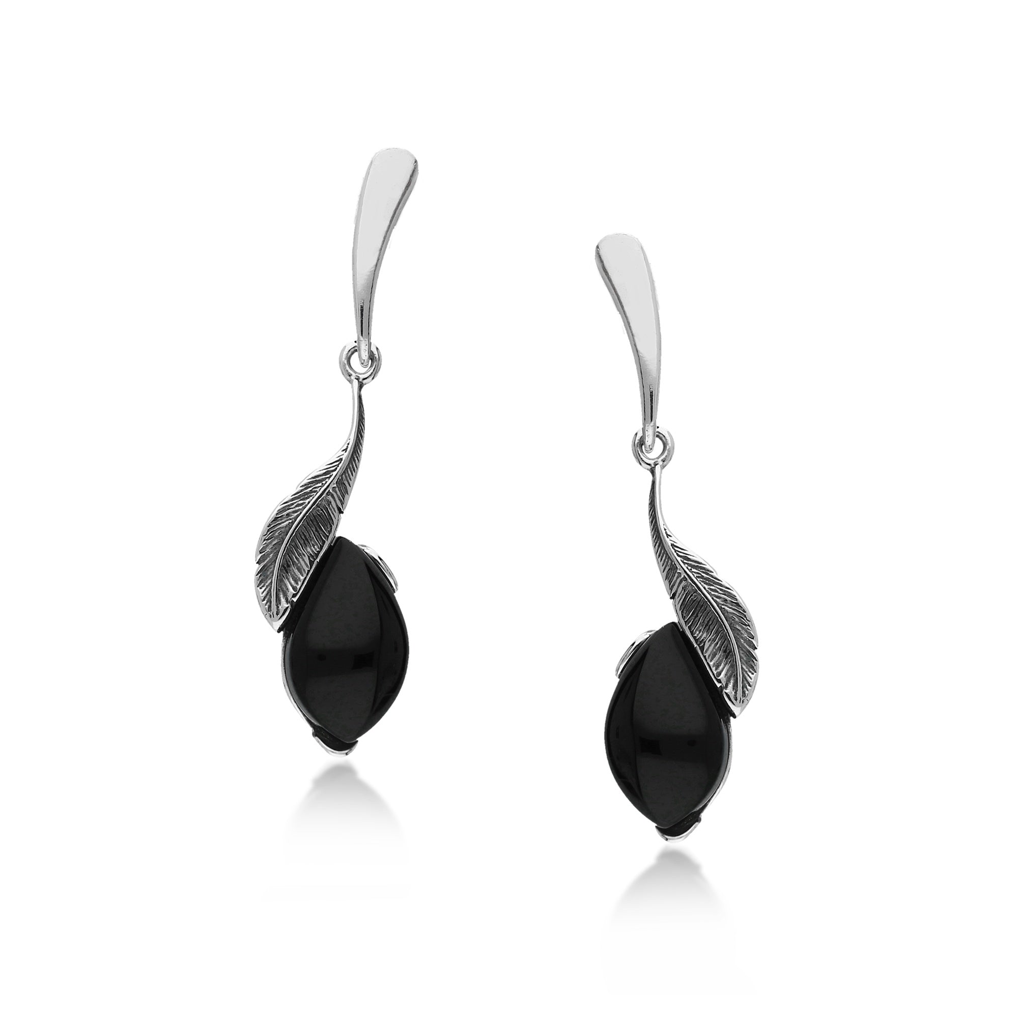 Sterling Silver Whitby Jet Feather Drop Earrings for Women - Elegant Gothic Jewelry for Parties, Weddings & Special Occasions