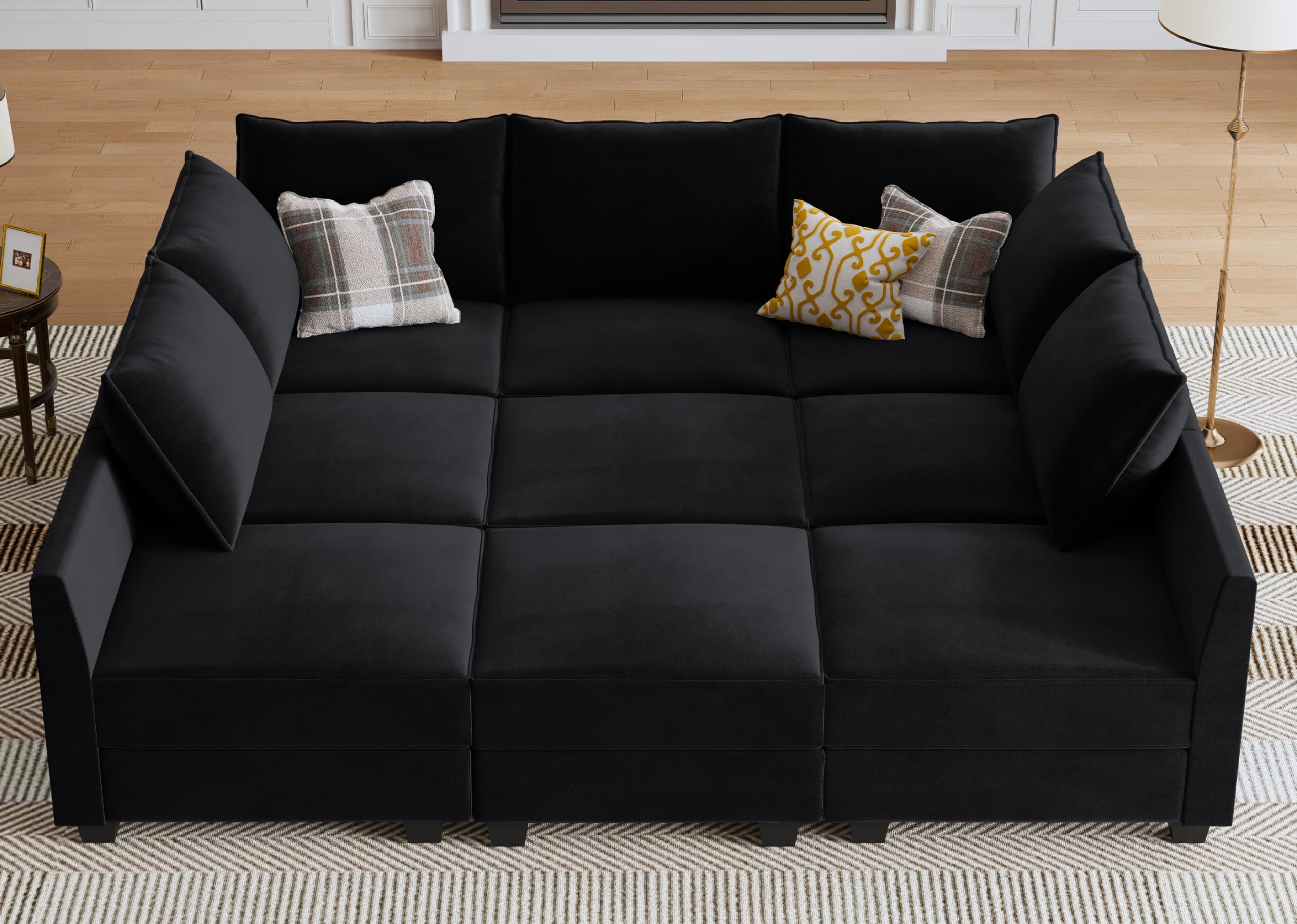 HONBAY Modular Sectional Sofa with Ottoman - Convertible Sleeper Sofa Set for Living Room, Modern Black Fabric Couch - Perfect for Small Spaces, Apartments & Family Movie Nights