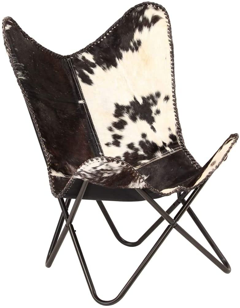 Vintage Butterfly Chair - Genuine Goat Leather Accent Chair for Living Room & Bedroom (Black/White) - Perfect for Boho Decor, Lounge Reading Nook & Cozy Relaxation