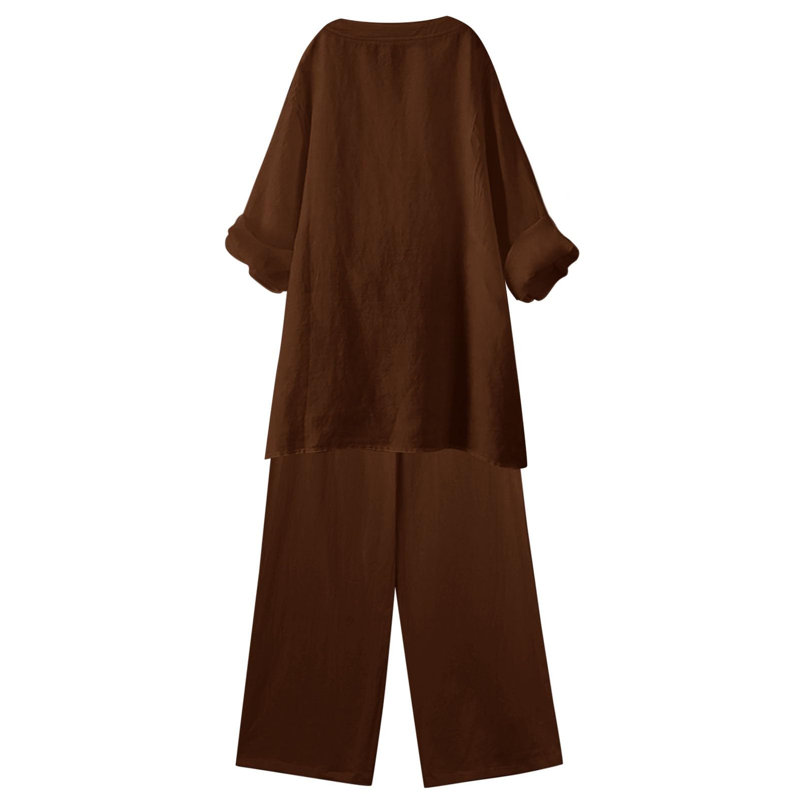 Women's Linen Lounge Set - Summer 2-Piece Outfit with Long Sleeve Button Down Shirt & Pants | Casual Loungewear in Brown | Perfect for Home Relaxation, Vacation Wear & Coffee Dates