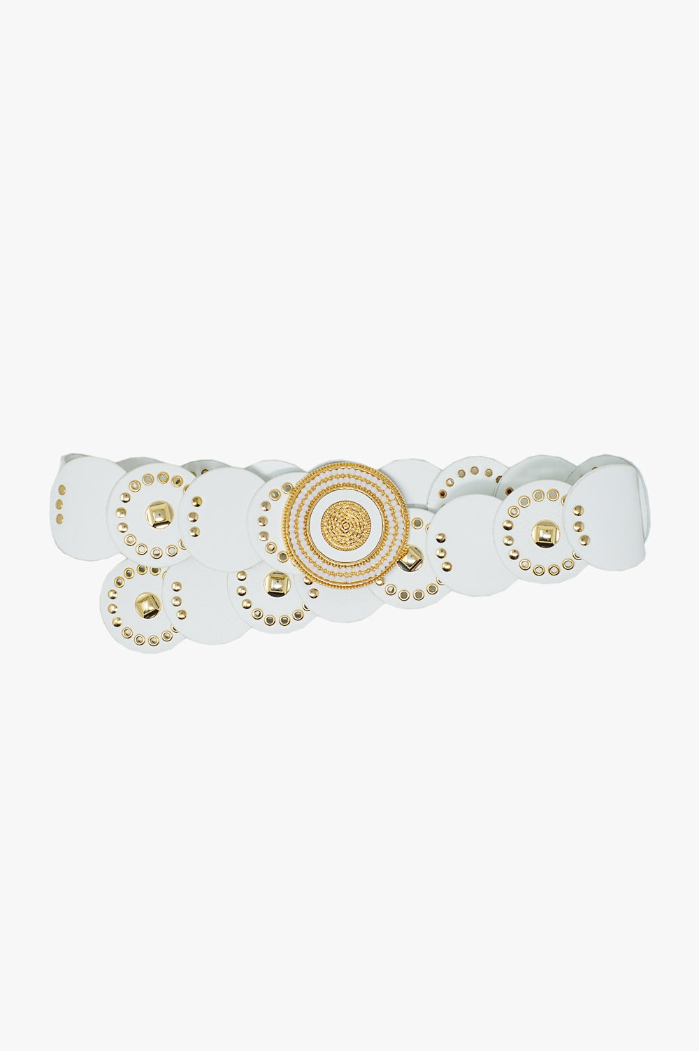 White Leather Belt with Round Rhinestone Buckle and Gold Accents - Elegant Accessory for Women's Dresses, Jeans, and Formal Outfits