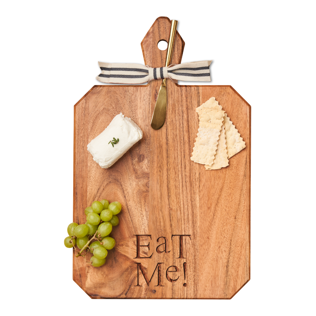 Acacia Wood Heirloom Cheese Board with Gold Cheese Spreader & Ribbon - 16x10 Inch Rustic Charcuterie Serving Tray - Perfect for Wine Parties, Weddings & Holiday Gift Giving