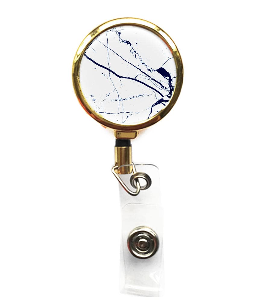 RhyNSky Gold Marble Print Business ID Card Holder - Retractable Badge Reel with Belt Clip for Office, Conference & Events - Professional Name Tag Holder (Model C1318)