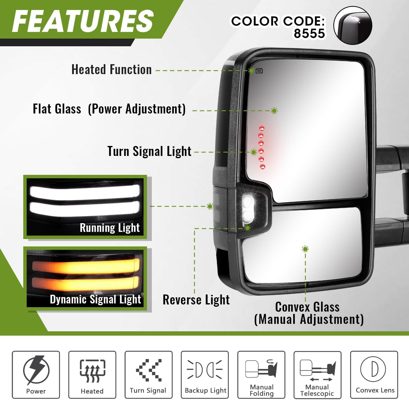 2003-2007 Chevy Silverado GMC Sierra Switchback Towing Mirrors - Power Heated Extendable Side Mirrors with Dynamic Turn Signal, Running Light & Backup Lamp (Black) - Perfect for Towing, Camping & Off-Road Adventures