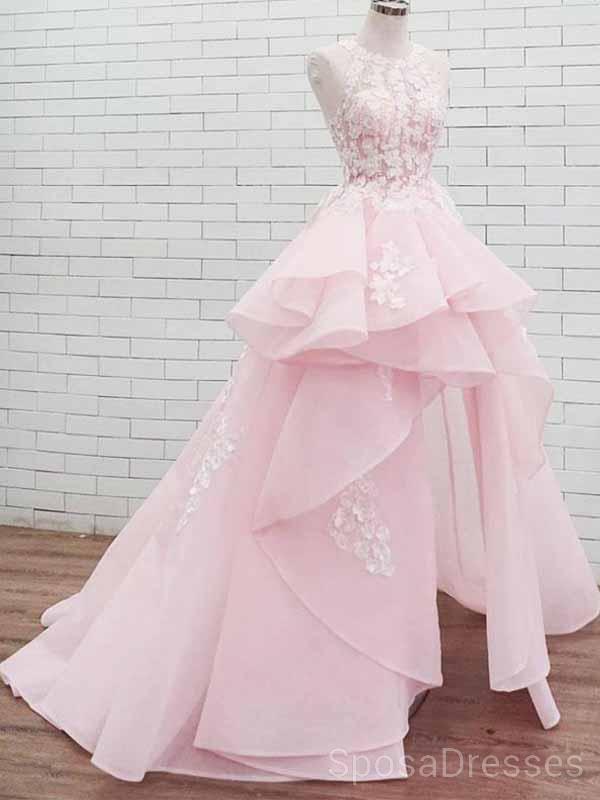 Elegant Halter Lace High-Low Pink Organza Long Evening Prom Dress | Custom Sweet 16 Dresses for Teens | Perfect for Formal Dances, Quinceañeras & Special Occasions