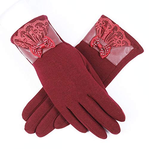 LINACAO Winter Women's Knitted Cashmere Gloves - Soft Wool Mittens for Ladies, Touchscreen Compatible, One Size (Bow Red Velvet) - Perfect for Driving, Outdoor Activities & Cold Weather Protection