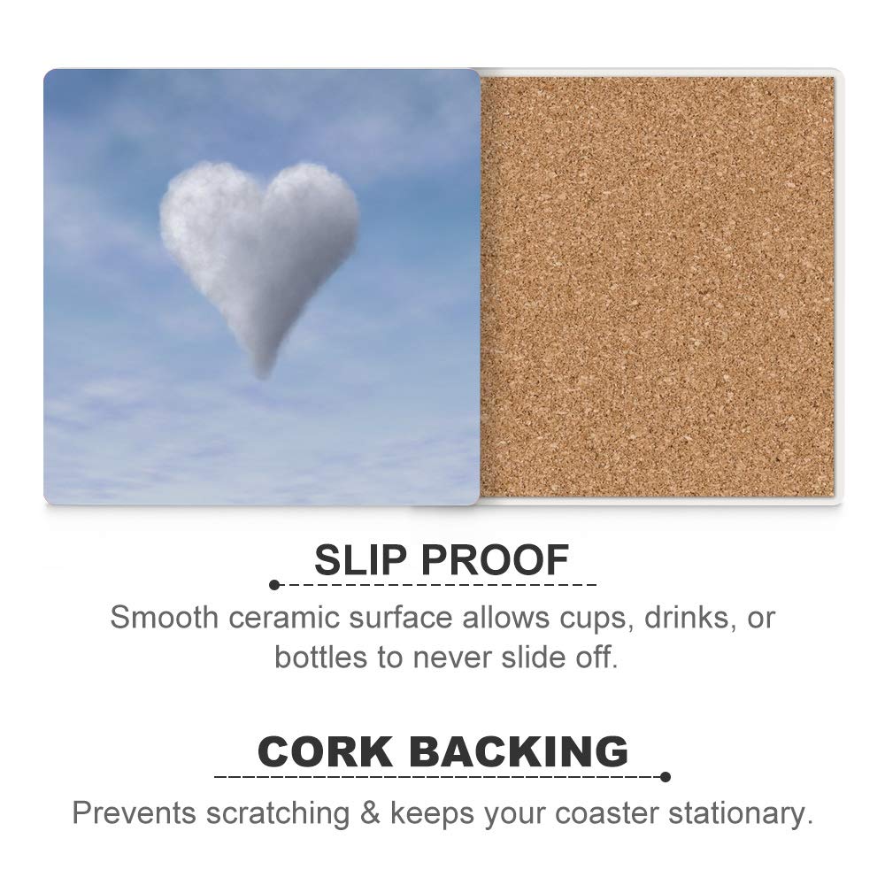 Premium Ceramic Drink Coasters Set - 4pcs Square Cork-Bottomed Coasters for Wine, Beer & Cold Drinks (Cloud/Sky/Heart/Blue Love Design) - Perfect for Home Bar, Dining Table & Party Decor - Protects Furniture from Water Rings & Stains