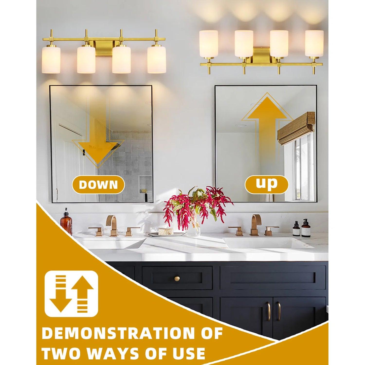 Jasper Gold Modern Frosted Glass 4-Light Bathroom Vanity Light Fixture - Perfect for Bathroom, Powder Room & Dressing Area Lighting