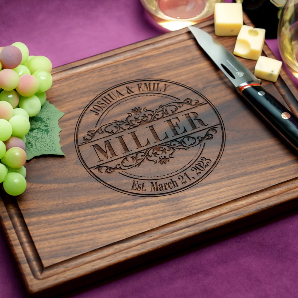 Personalized Wood Engraved Cutting Board - Custom Wedding, Anniversary & Housewarming Gift for Couples - Handmade Charcuterie Board with Round Stamp Design - Perfect for Entertaining, Cheese Platters & Kitchen Decor (Style No.010)