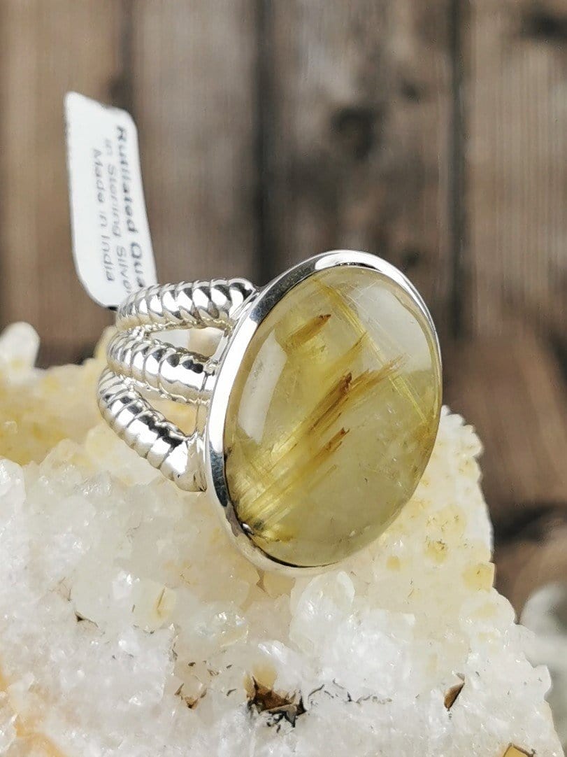 Chunky Rutilated Quartz Ring for Women - Size 8 Gold Plated Statement Jewelry - Perfect for Boho Fashion, Wedding, and Special Occasions
