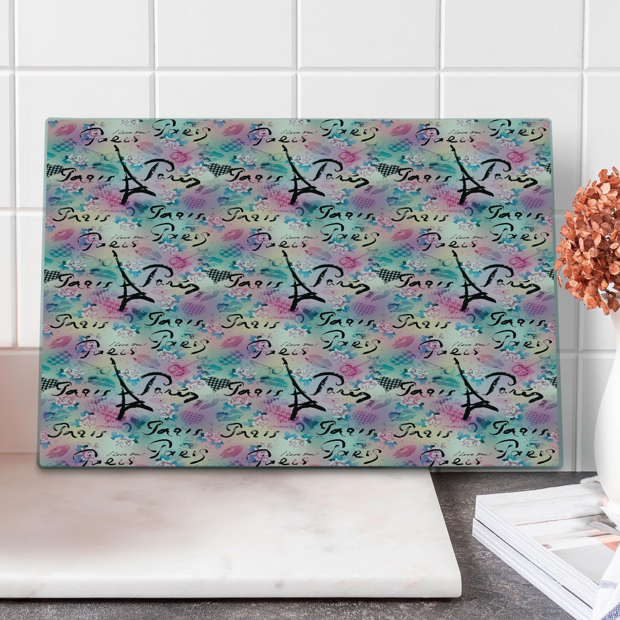 Ambesonne Paris Themed Tempered Glass Cutting Board - French Floral Rose Checkered Hearts Design, Large Decorative Serving Board in Pale Sea Green - Perfect for Kitchen Prep, Charcuterie Display & Romantic Dinner Serving