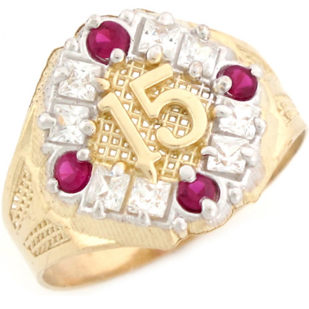 10k Real Two-Tone Gold Ruby Red CZ Ring for Quinceañera, 15th Birthday, Jewelry Liquidation - Elegant Gift for Women & Girls, Perfect for Special Occasions & Parties