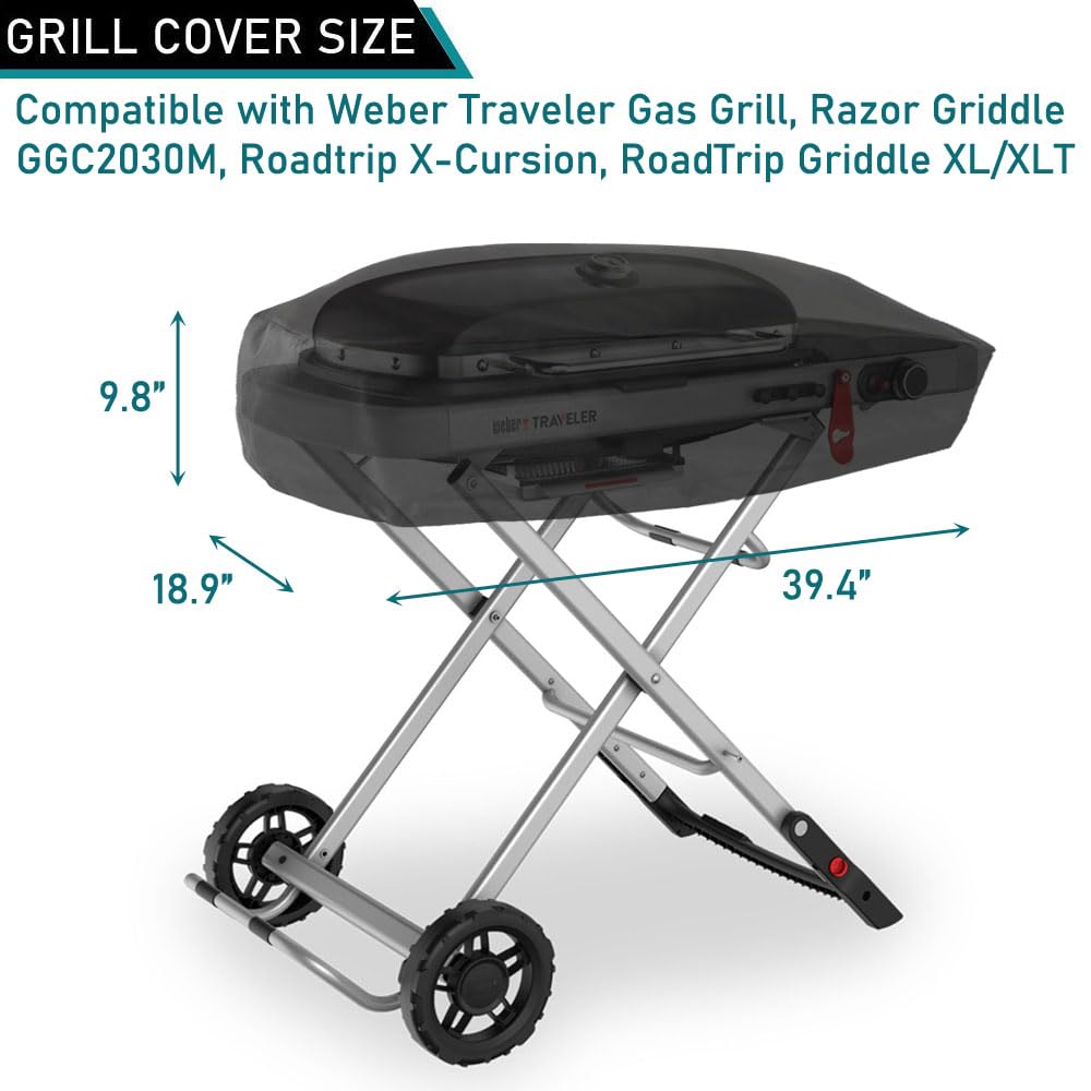 **Heavy Duty Waterproof Grill Cover for Weber Traveler 9010001 & Coleman Roadtrip X-Cursion – Universal Fit for Portable Gas Grills & Razor Griddle GGC2030M – Outdoor BBQ, Camping, and Tailgating Protection**