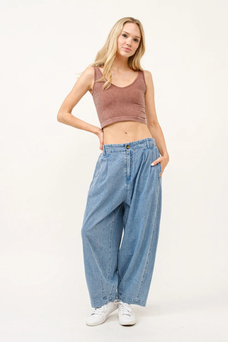 **Women's Elastic Back Pleated Baggy Jeans - Comfortable High Waist Loose Fit Denim Pants for Casual Wear & Street Style**