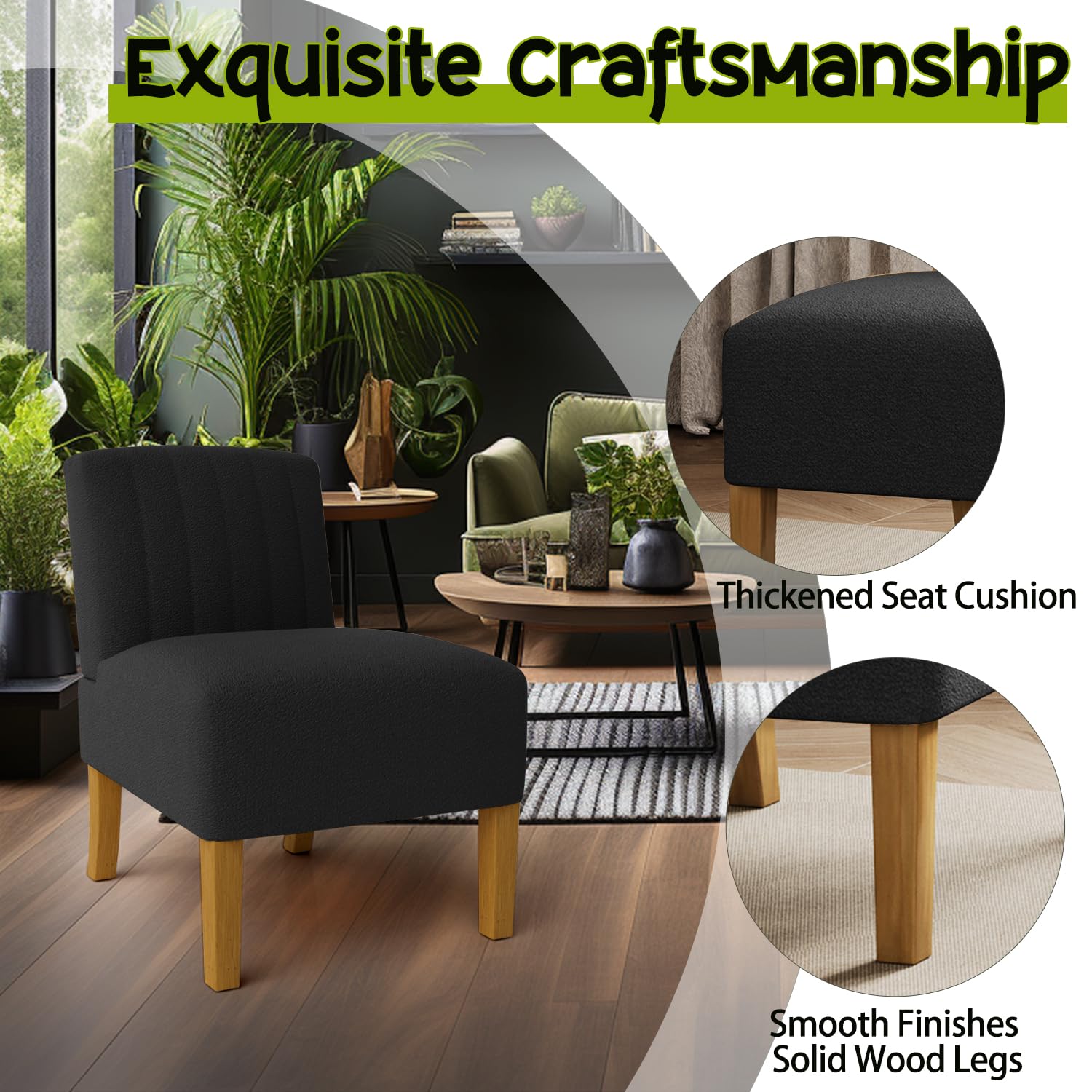 Gaussen Armless Accent Chairs for Living Room - Modern Slipper Chair with Solid Wood Legs, Upholstered Fabric Vanity Chair for Bedroom & Lounge - Perfect as Comfy Side Chair or Makeup Seat (Nero)
