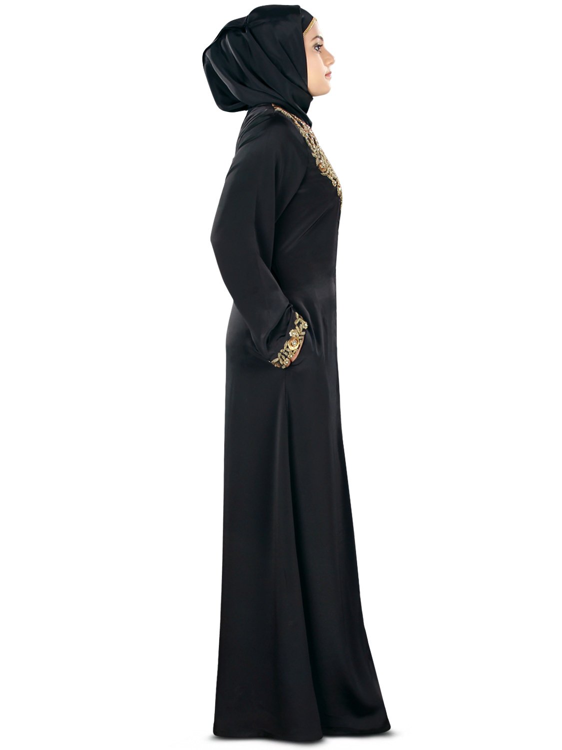 Women's Fiddah Gold Hand Embroidered Open Front Black Abaya Burqa - Elegant Islamic Prayer Dress for Mosque & Special Occasions