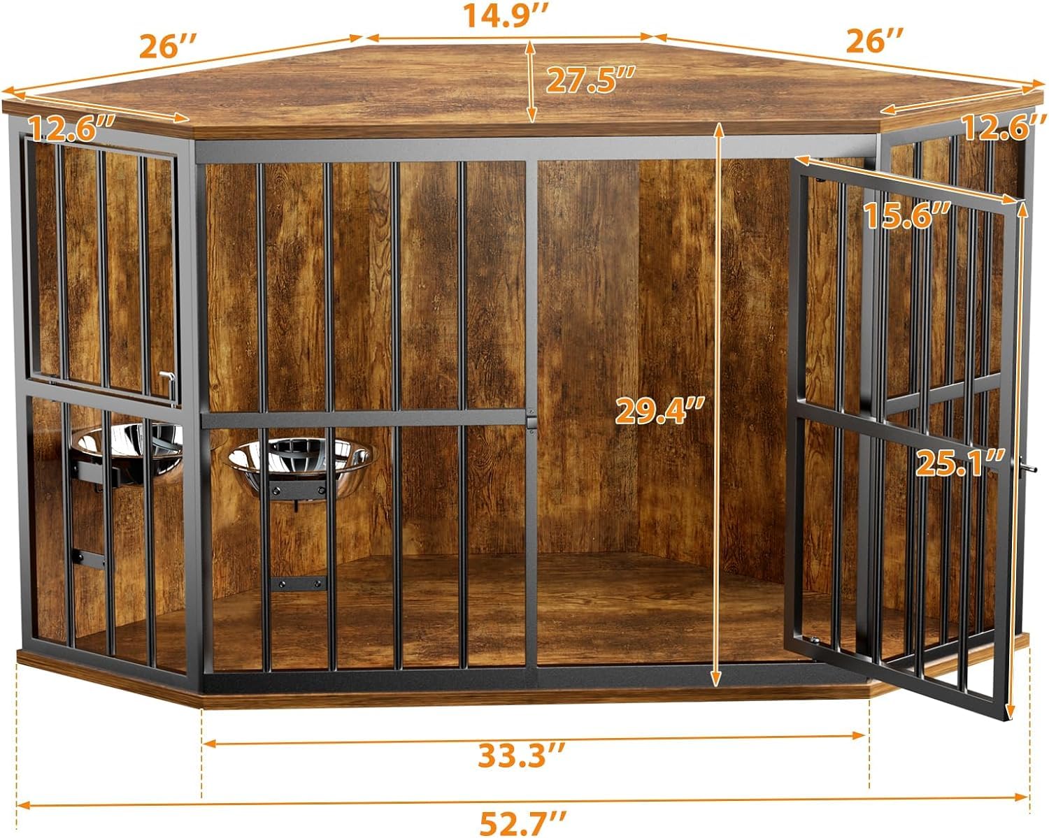 ROOMTEC 53 Inch Wooden Dog Crate Corner Furniture - Stylish Indoor Pet Kennel with Food Bowl, Multi-Functional End Table for Small Spaces | Perfect for Living Rooms, Bedrooms & Apartments