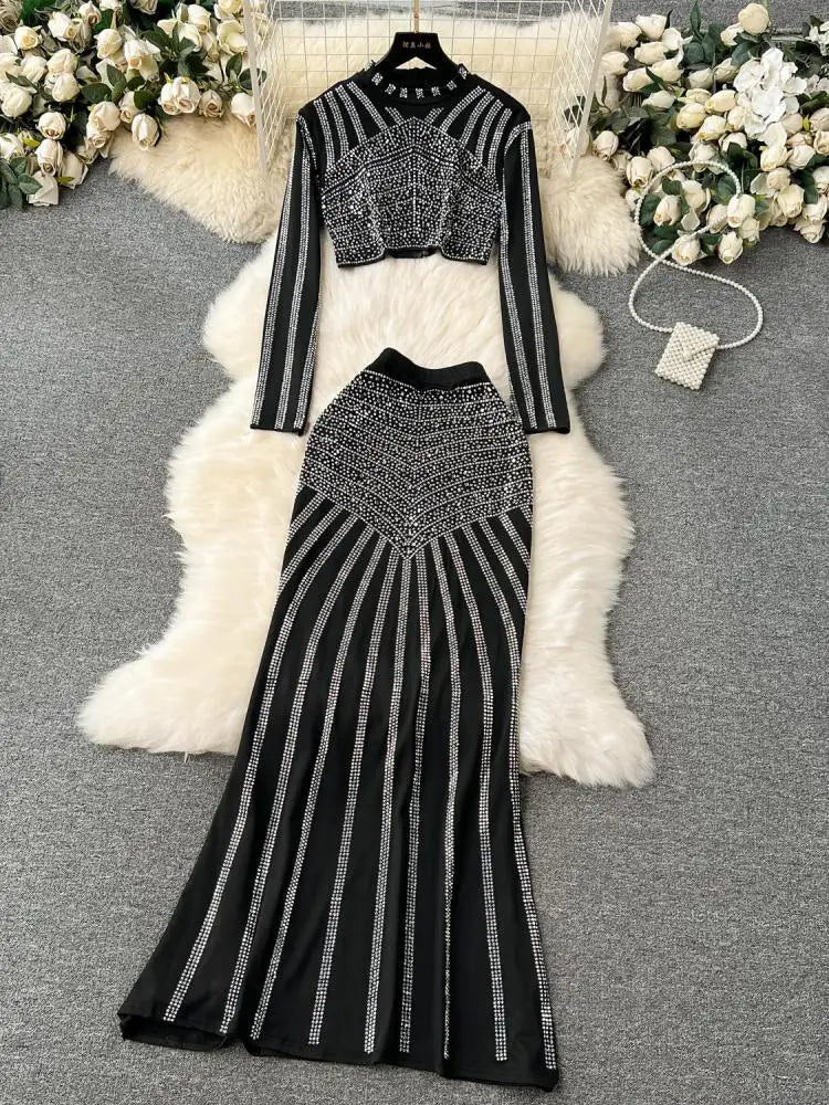 Elegant Black Diamond Two-Piece Set for Women - O-Neck Long Sleeve Top & High Waist Fishtail Skirt | Y2K Fashion Outfit for Fall Parties, Date Nights and Office Wear