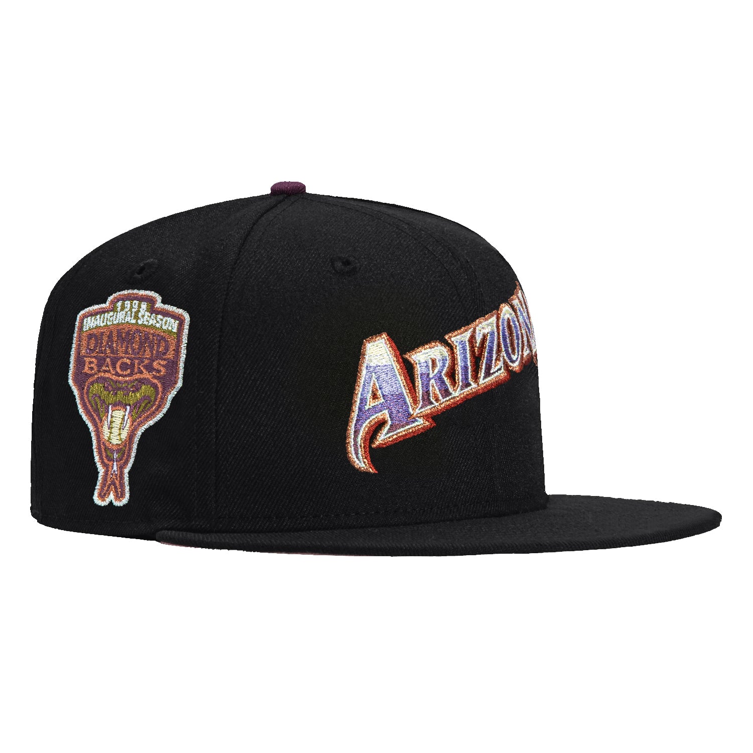 New Era 59Fifty Arizona Diamondbacks Inaugural Patch Script Hat - Black, Purple, Maroon | Official MLB Baseball Cap for Fans & Collectors | Game Day, Casual Wear & Sports Events