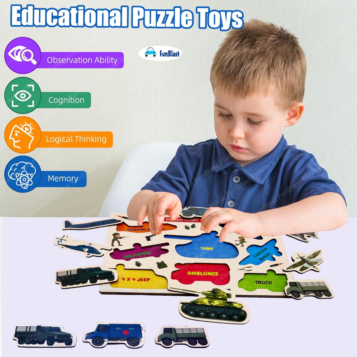 FunBlast Wooden Army Vehicle Puzzle Board - Colorful Educational Learning Toy for Kids, Boys & Girls | STEM Toy for Early Childhood Development & Creative Play