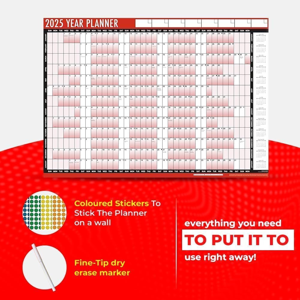 2025 Wall Planner - A1 Size 85cm x 58cm Laminated Annual Calendar with Stickers & Dry Erase Pen | Yearly Organizer Chart for Home Office, Business Planning, School Classroom & Family Scheduling | Perfect for Goal Tracking, Project Management & Wall Decoration