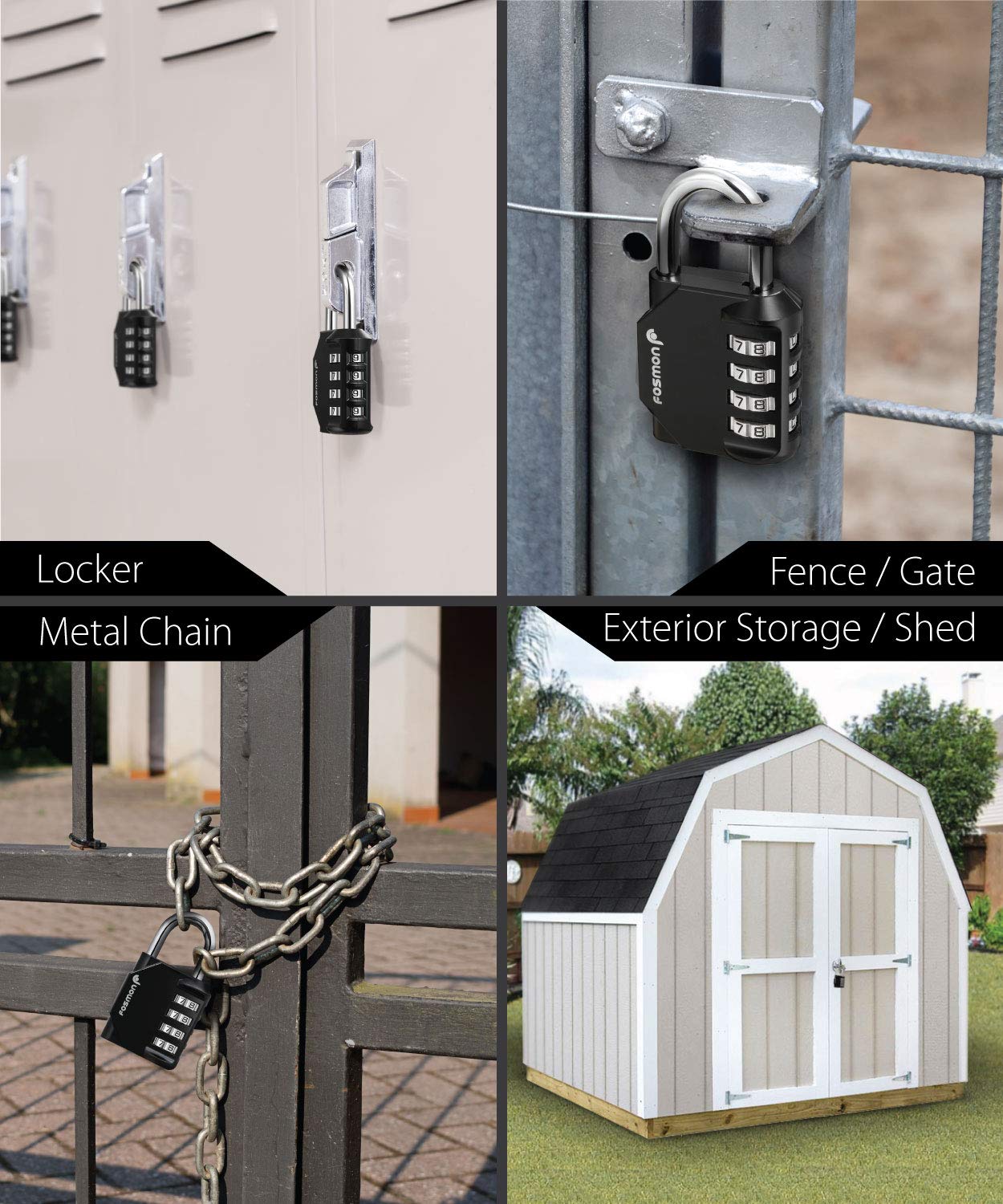 Fosmon 4-Pack 4-Digit Combination Locks - Durable Alloy Body Padlocks for Gym Lockers, School, Work, Storage Units & Fence Security | Perfect for Travel, Backpacks & Sports Equipment Protection