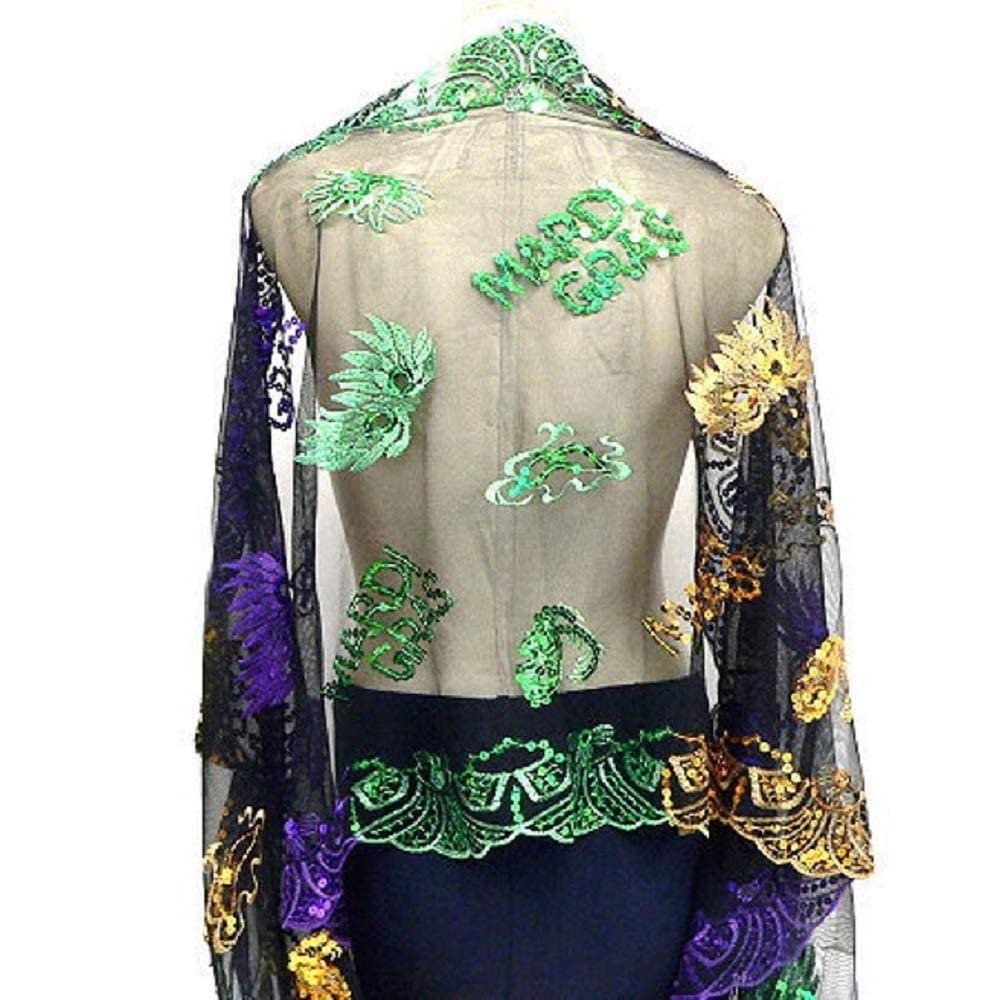 Elegant Mardi Gras Sequined Shawl in Purple, Green & Gold with Fringe - Perfect for Masquerade Costumes, Table Runner, or Tree Skirt Decoration