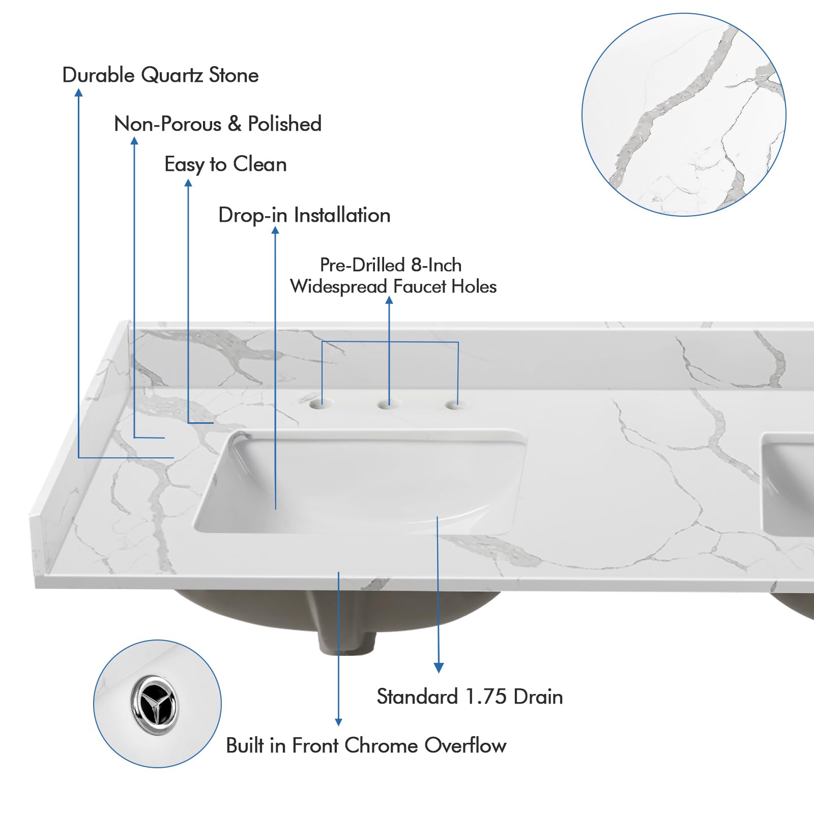 Calacatta Quartz Vanity Top with Double Sink for Bathroom