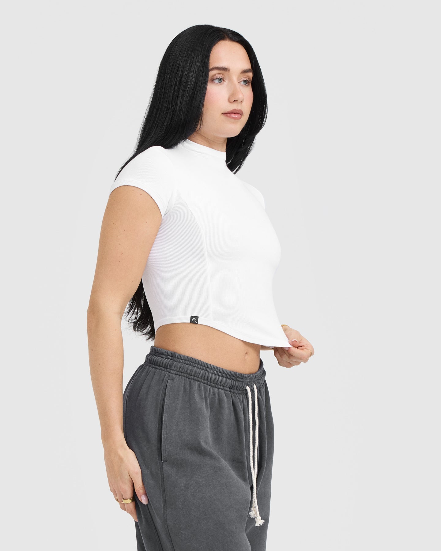 Mellow™ Rib Mid Mock Neck T-Shirt for Women - Soft & Comfortable White Cotton Tee | Perfect for Casual Wear, Layering & Everyday Outfits