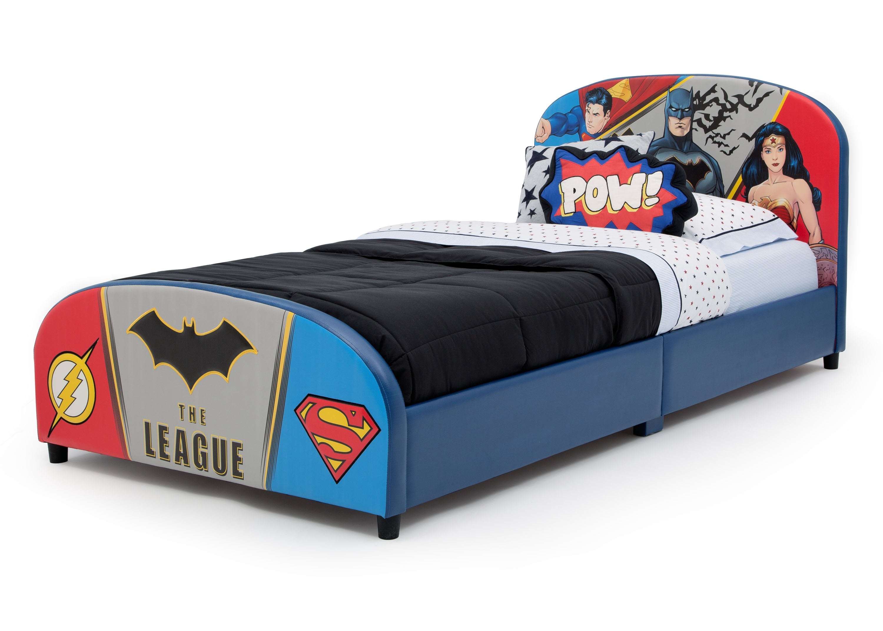 DC Comics Justice League Superheroes Twin Bed with Upholstered Headboard - Perfect for Kids' Bedroom & Superhero Themed Decor