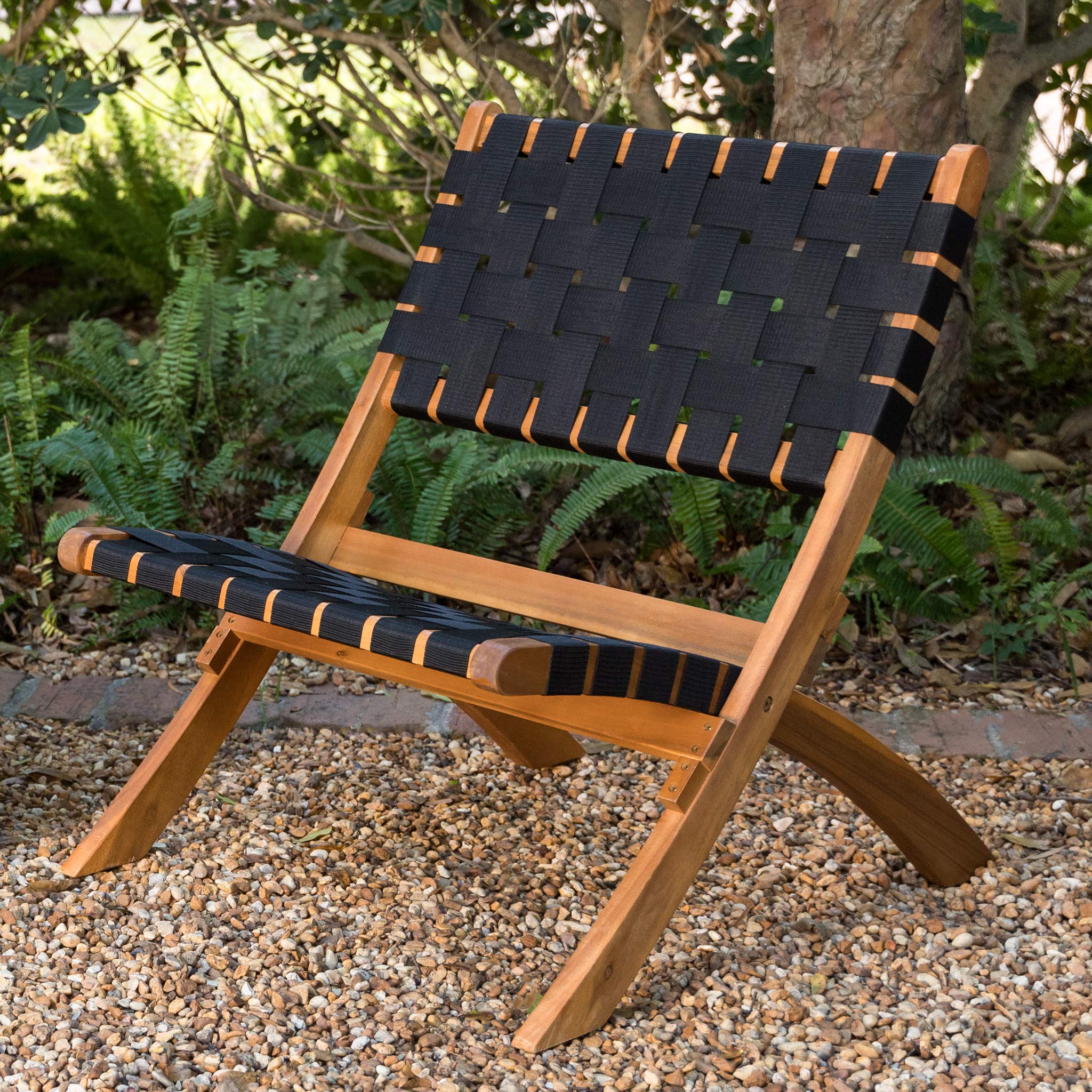 Patio Sense 62774 Sava Folding Chair - Solid Acacia Wood with Woven Seat & Back - Indoor Outdoor Portable Low Slung Chair for Porch, Lawn, Garden, Fishing & Sporting Events - Black Webbing - Perfect for Camping, Picnics, and Backyard Relaxation