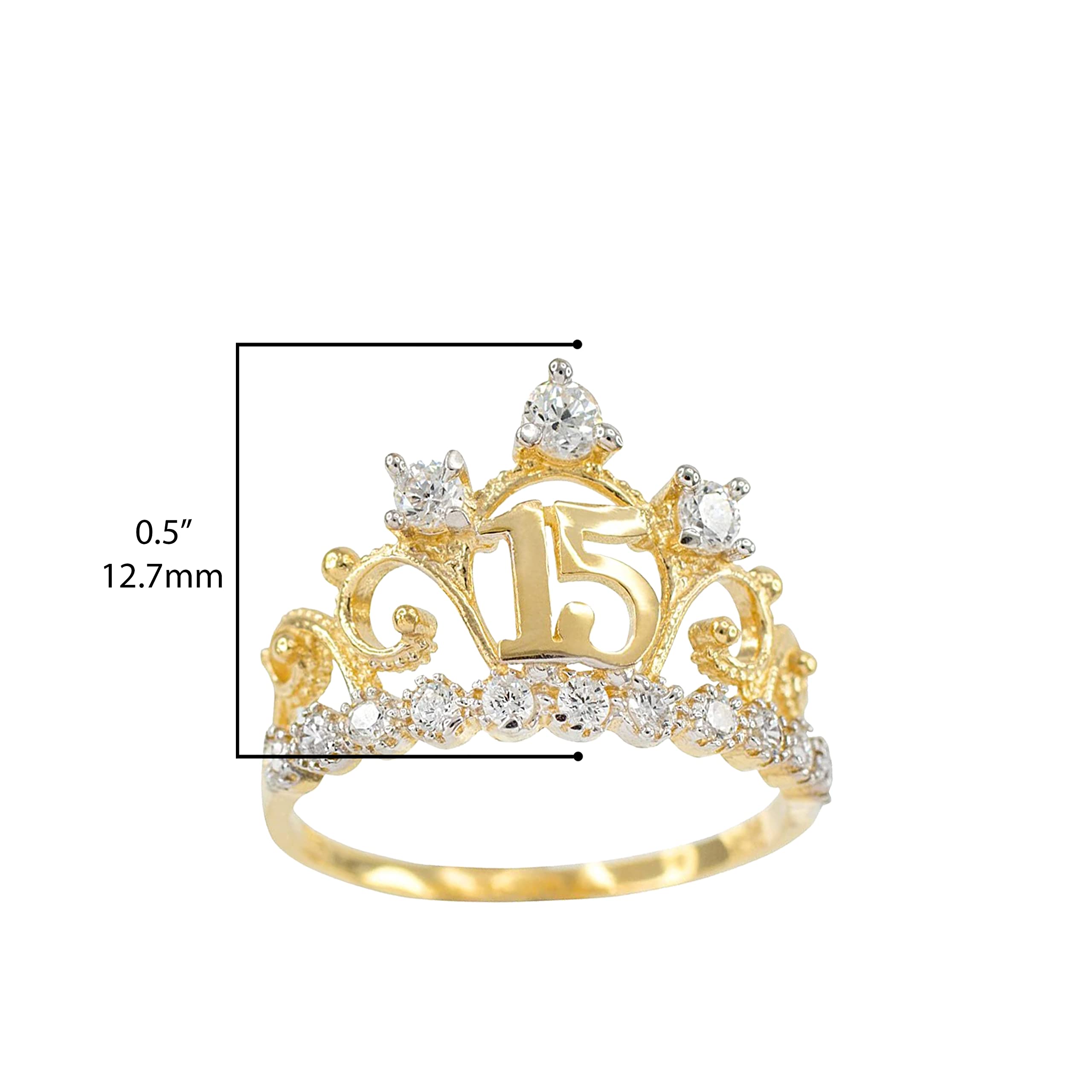 10K Yellow Gold Cubic Zirconia Tiara Sweet 15 Años Quinceanera Crown Ring - Size 4.25 - Elegant Birthday Gift for Teen Girls, Quinceañera Jewelry, Sweet 16 Party Accessory, Special Occasion Ring