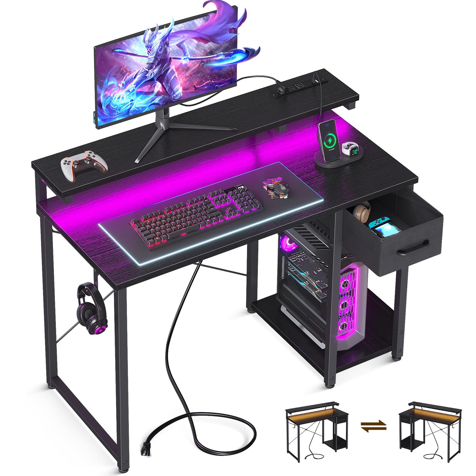 AODK 40 Inch Gaming Desk with LED Lights & Power Outlet - Ergonomic Computer Desk with Drawer, Reversible Design, Monitor Shelf & Headphone Hook - Perfect for Home Office, Streaming & PC Gaming Setup (Black)