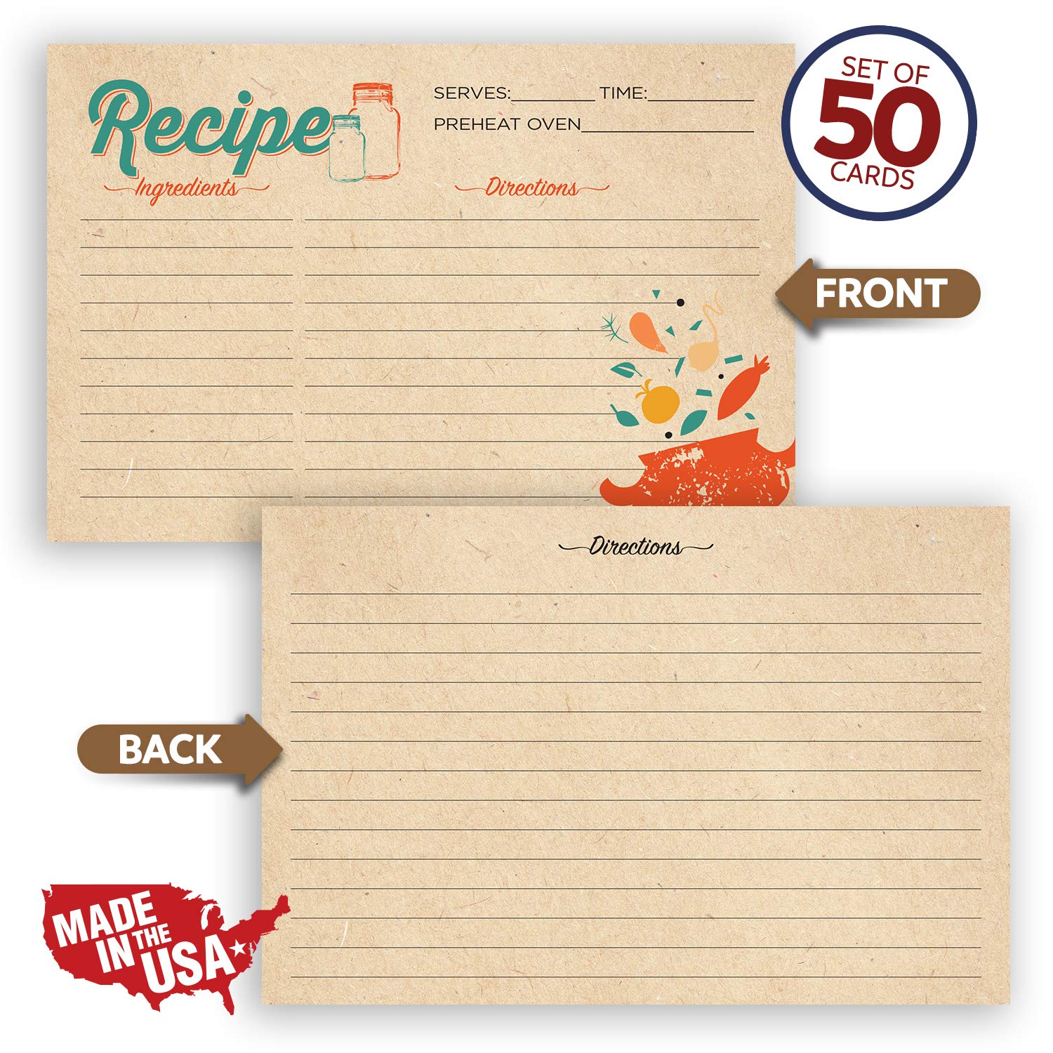 50-Pack Double Sided 4x6 Inch Recipe Cards - Thick Kraft Cardstock with Printed Lines & Smooth Writing Surface - Perfect for Recipe Organization, Meal Planning & Handwritten Cooking Notes