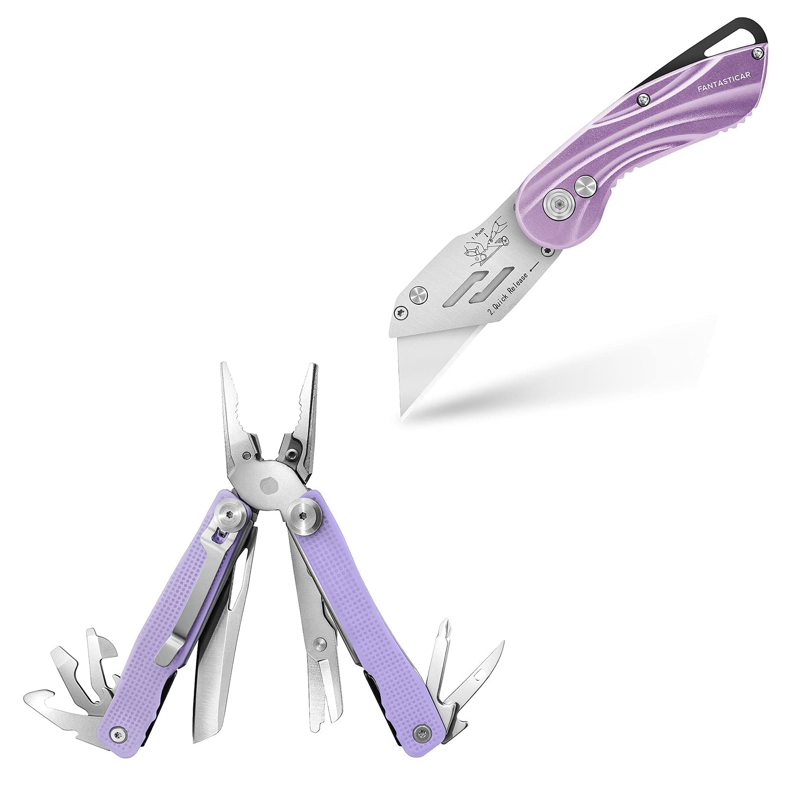 FantastiCAR Purple Utility Knife Box Cutter with 5 Extra Blades & Multifunctional Pliers Set - Stainless Steel Heavy Duty Tool for Home, Office, Warehouse & DIY Projects | Gift Ready Packaging