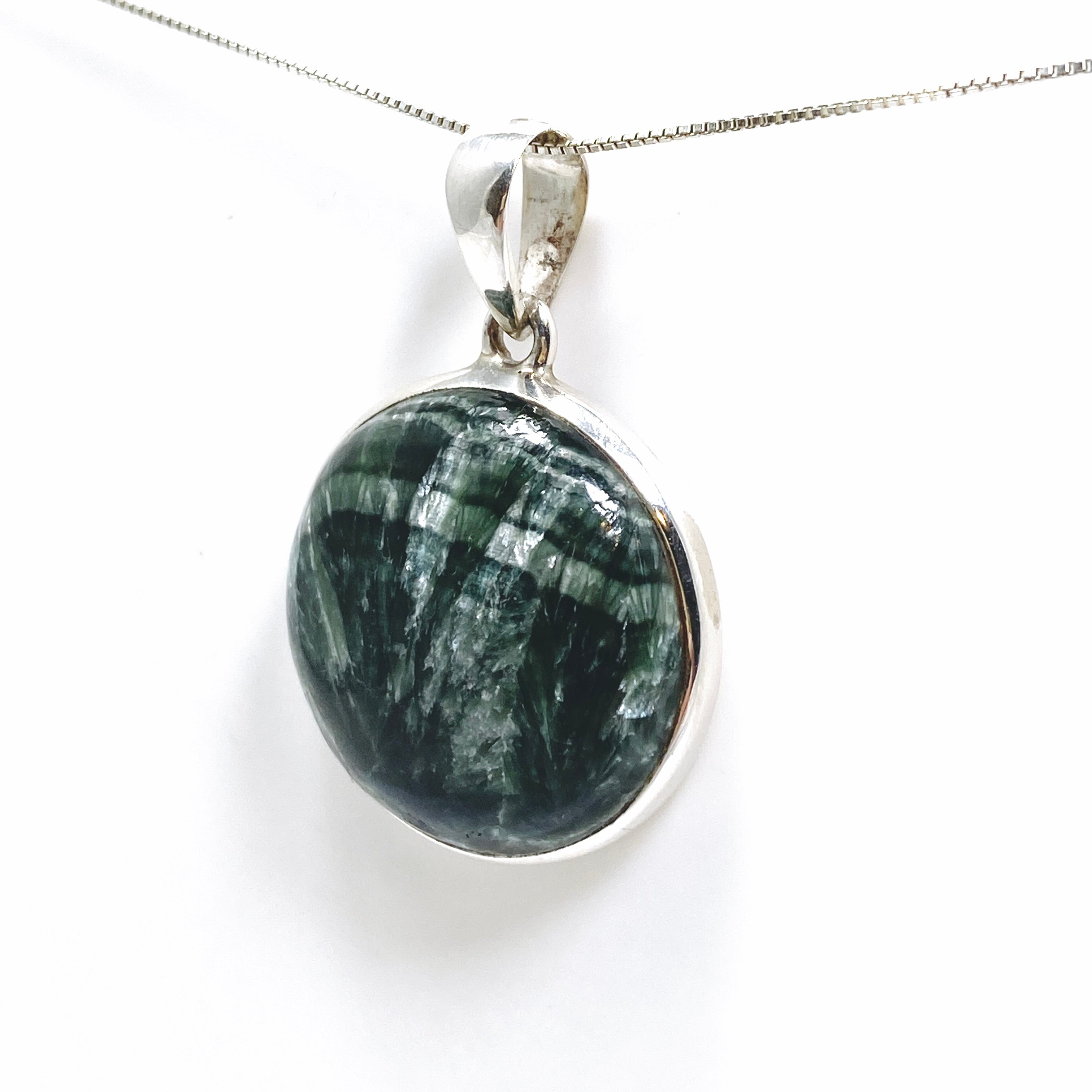 Natural Seraphinite Round Cabochon Pendant Necklace - Handmade Silver Jewelry for Women | Perfect for Meditation, Healing & Spiritual Gifts