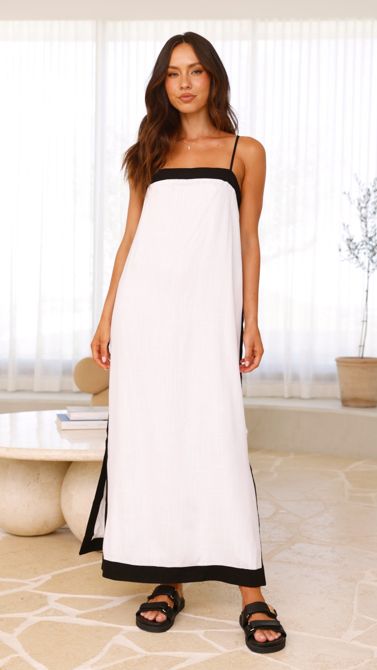 Isabeau Women's Maxi Dress - Elegant White & Black Flowy Long Dress for Summer, Beach, Parties & Special Occasions