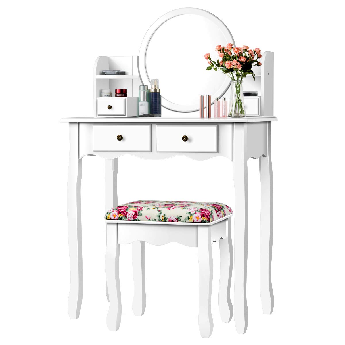 Charmaid Vanity Set with 4 Storage Shelves & 4 Drawers, Makeup Dressing Table with 360° Swivel Mirror, Cosmetic Organizers & Cushioned Stool - White Vanity Desk for Women & Girls | Perfect for Bedroom, Bathroom & Dressing Room Organization