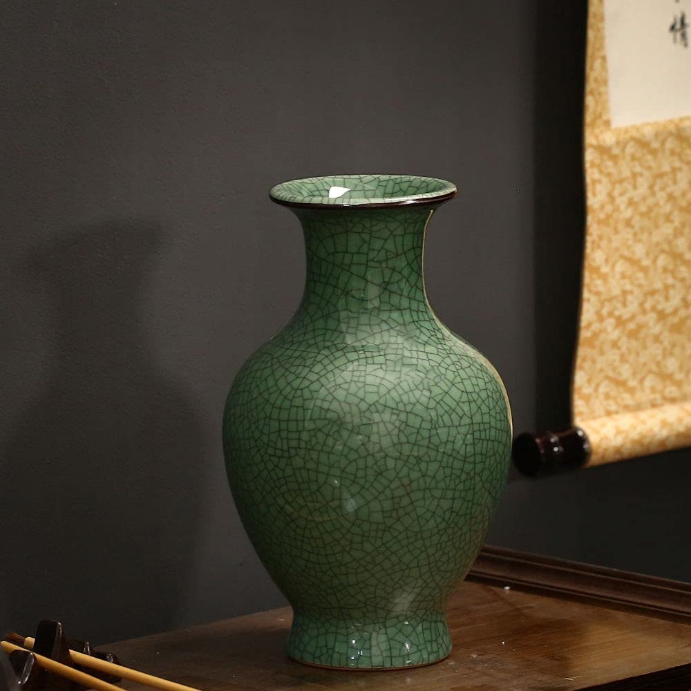 Handmade Antique Chinese Ceramic Vase - Ice Crack Glaze Porcelain Flower Vase for Home Decor, Wedding Centerpiece & Living Room Display (Green, Large)