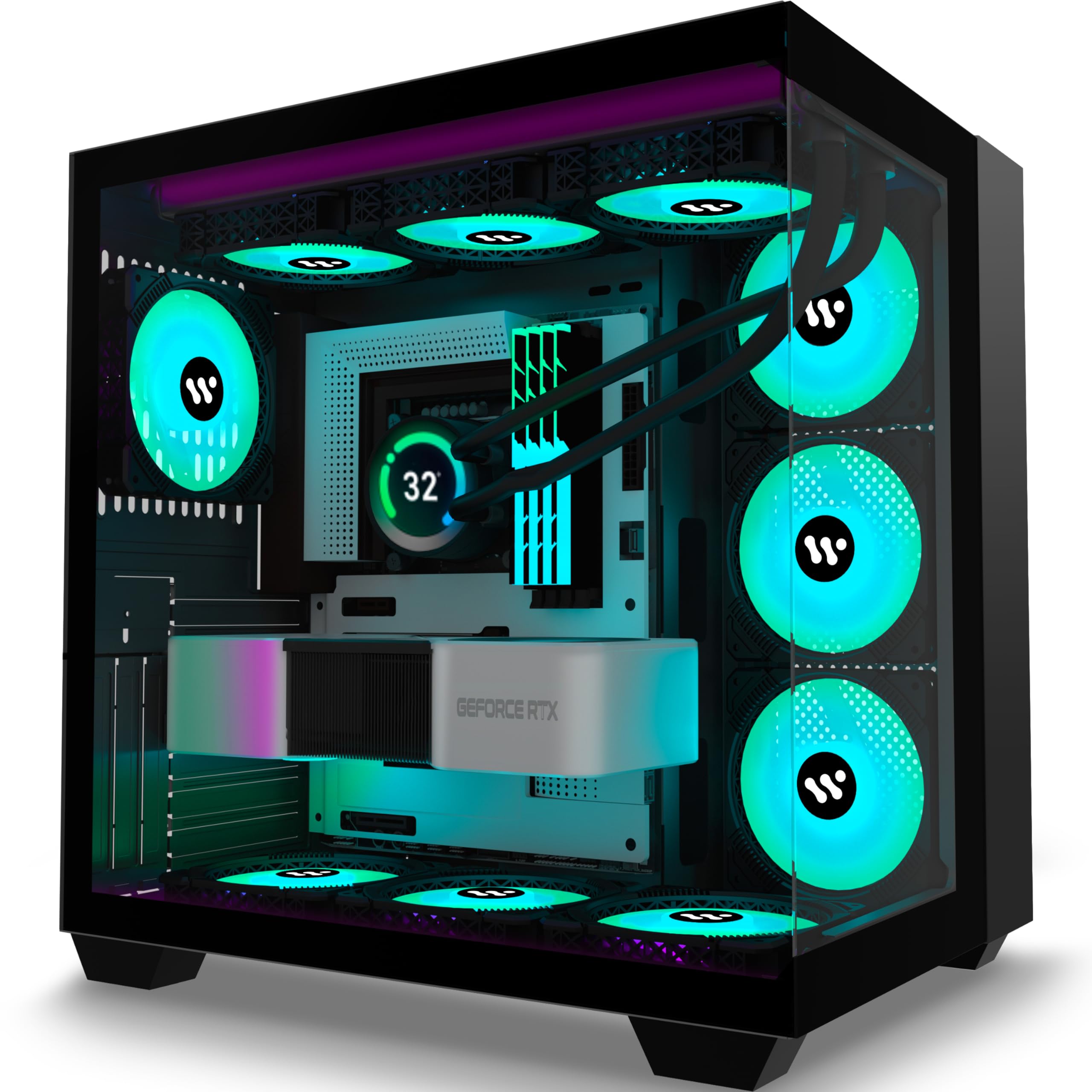 AMANSON PC Case with 9 Pre-Installed ARGB Fans, ATX Mid Tower Gaming Computer Case, Dual Tempered Glass Full View Design - H09 Black for High-Performance Gaming & Streaming Setup