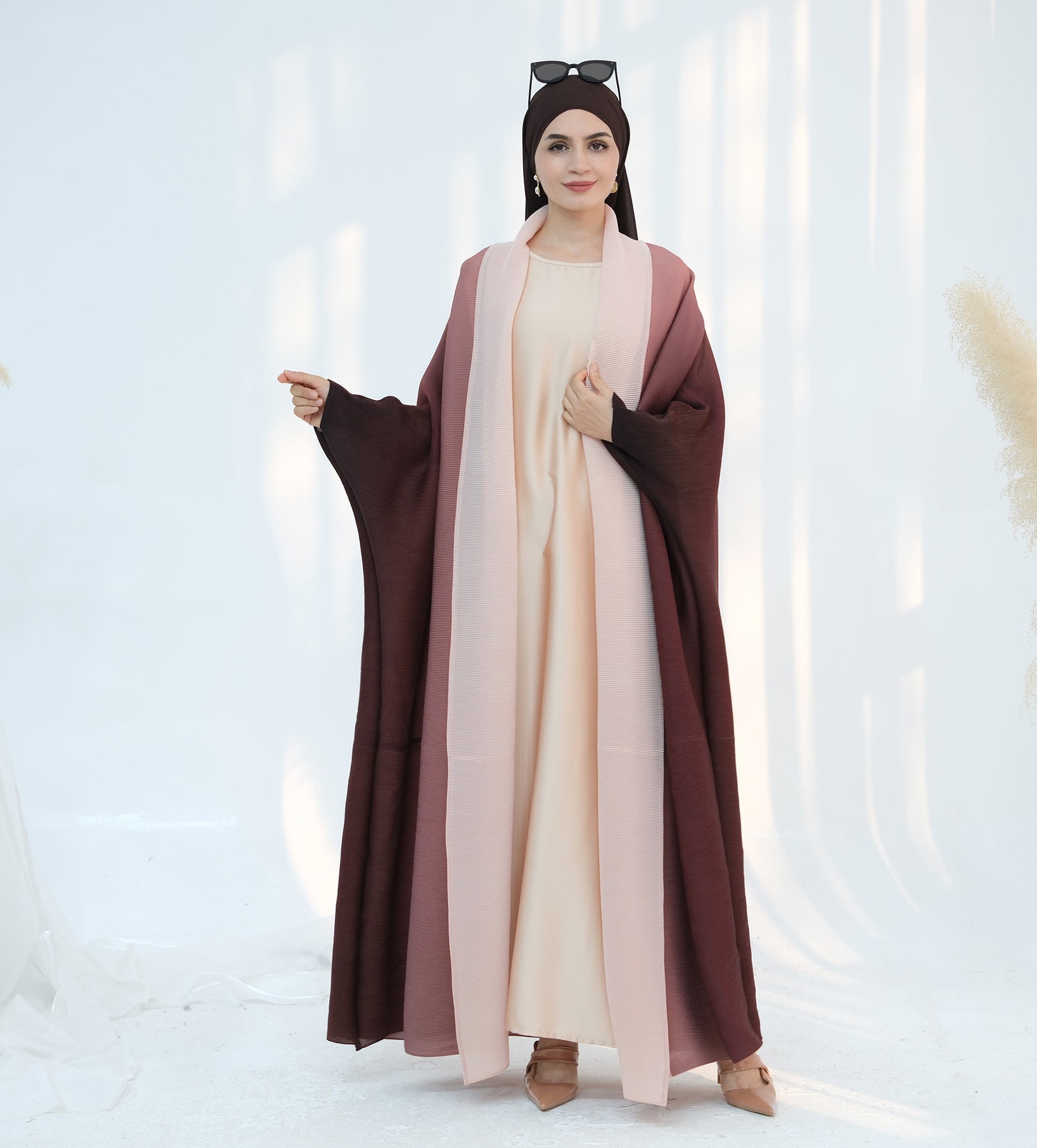 Elegant Kenyat Pleated Ombre Kimono Open Abaya in Brick Color - Perfect for Modest Fashion, Prayer Dresses, and Special Occasions